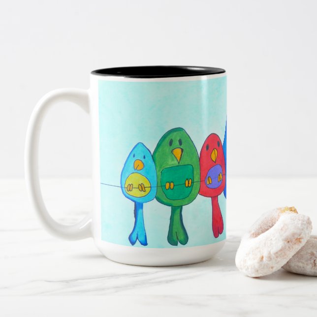 Caneca De Café Em Dois Tons Mug - 013 - Aves no arame (Com Donut)