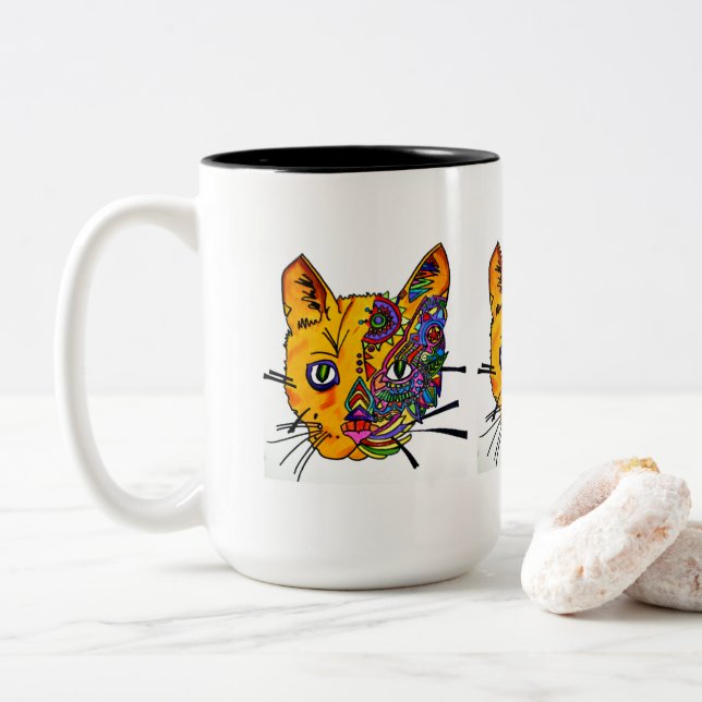 Caneca De Café Em Dois Tons Mug - 040 - Três gatos (Com Donut)