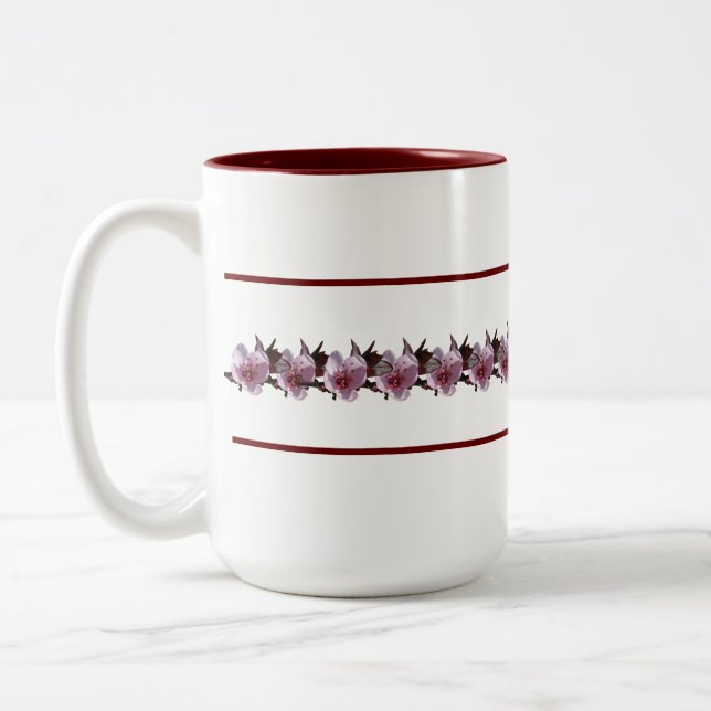 Caneca De Café Em Dois Tons Mug - Blossomas de ameixa entre Linhas Maroon (Esquerda)