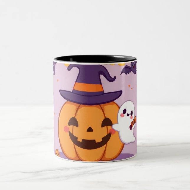 Caneca De Café Em Dois Tons Mug Bonita De Halloween - Kawaii Pumpkin, Fantasma (Centro)