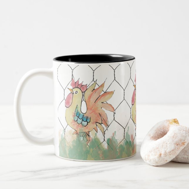 Caneca De Café Em Dois Tons Mug de Aquarela de Galo (Com Donut)