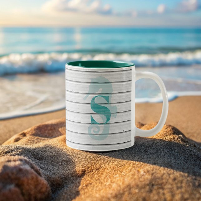 Caneca De Café Em Dois Tons Mug de café costeiro da Seacavalo de praia náutica (Add your initial and name to this cute seahorse beach house coffee mug)