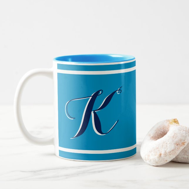 Caneca De Café Em Dois Tons Mug De Café De Duas Toneladas, Monograma Azul (Com Donut)