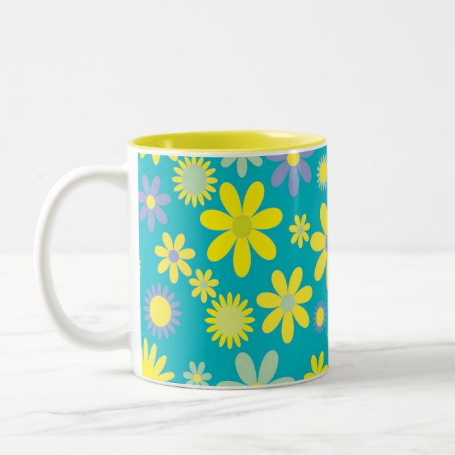 Caneca De Café Em Dois Tons Mug Floral Azul Amarelo (Esquerda)