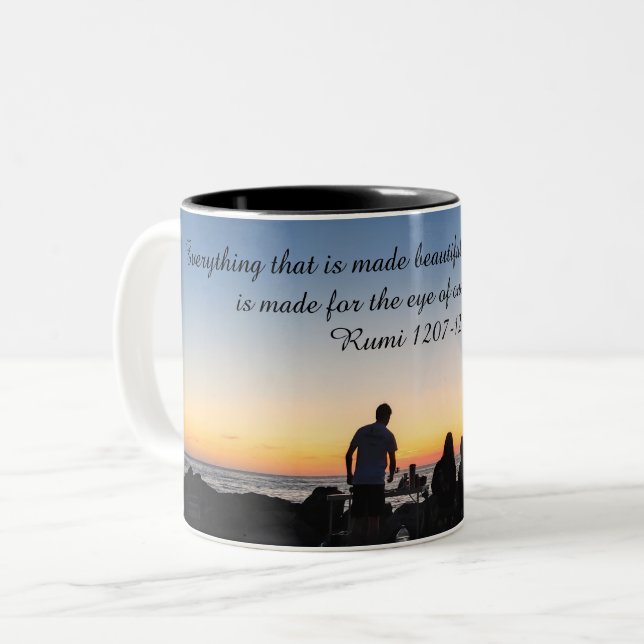 Caneca De Café Em Dois Tons Mug Inspiracional com Cotação Sunset e Rumi (Frente Esquerda)