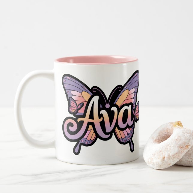Caneca De Café Em Dois Tons Mug Personalizado - Ava Butterfly Design Mug (Com Donut)