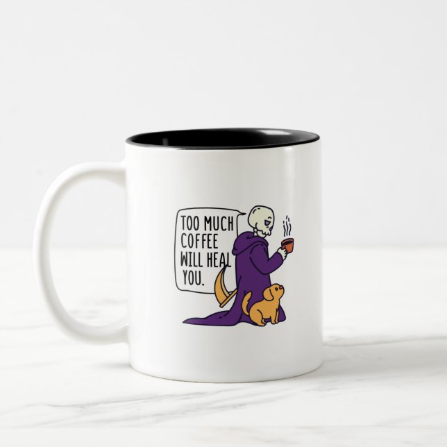 CANECA DE CAFÉ EM DOIS TONS MUITO CAFÉ VAI TE CURAR, GRIM REAPER BEBER (Esquerda)
