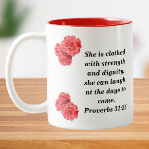 Caneca De Café Em Dois Tons Mulher Cristã Ideal Provérbios 31:25 Com Rosa Verm