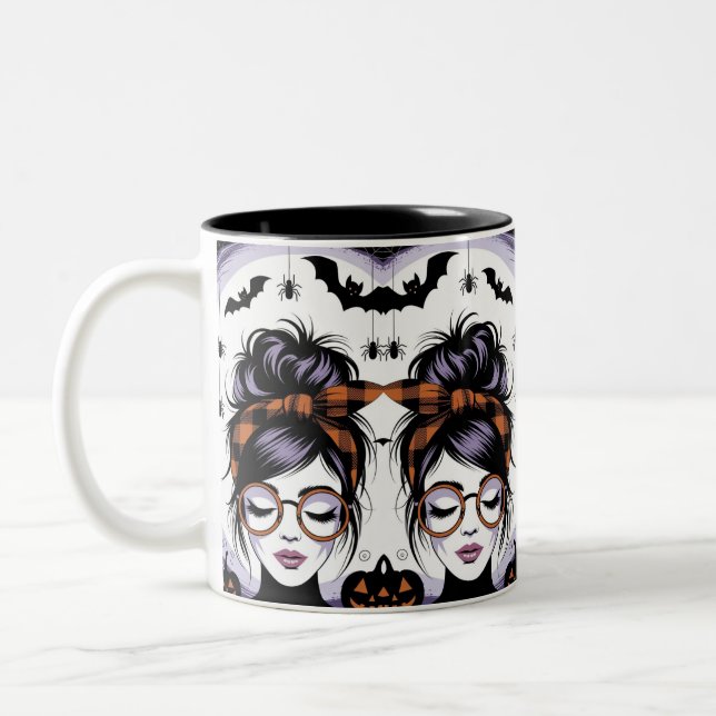 Caneca De Café Em Dois Tons Mulher do Halloween Messy Bun (Esquerda)