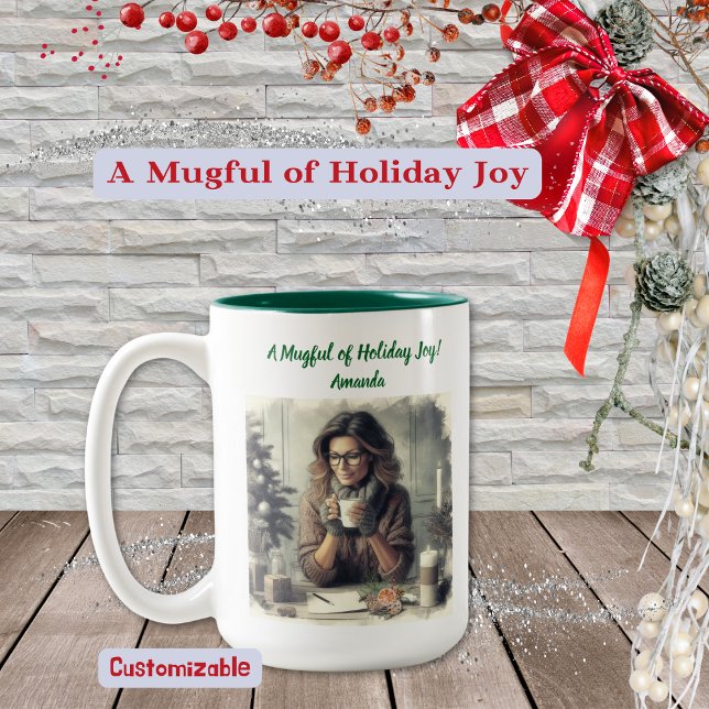 Caneca De Café Em Dois Tons Mulher na Terra Tones antecipando o feriado (Criador carregado)