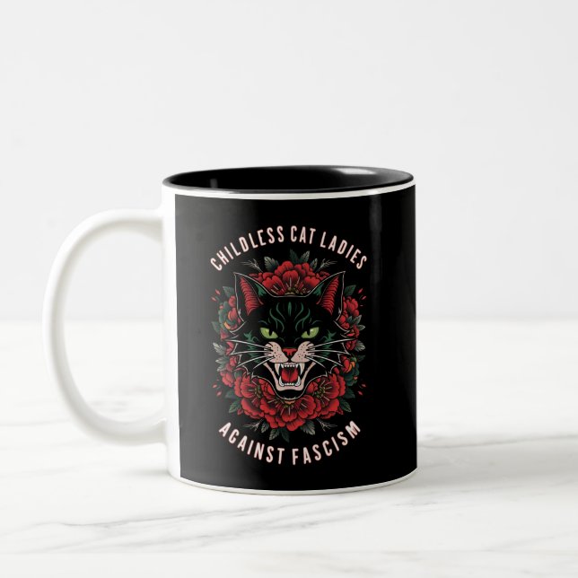 Caneca De Café Em Dois Tons Mulheres De Gato Sem Filhos Contra O Fascismo (Esquerda)