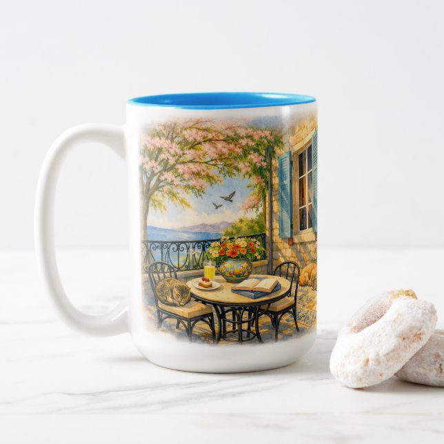 Caneca De Café Em Dois Tons Murmurios de Sage  Vida Marinha Vintage  (Com Donut)
