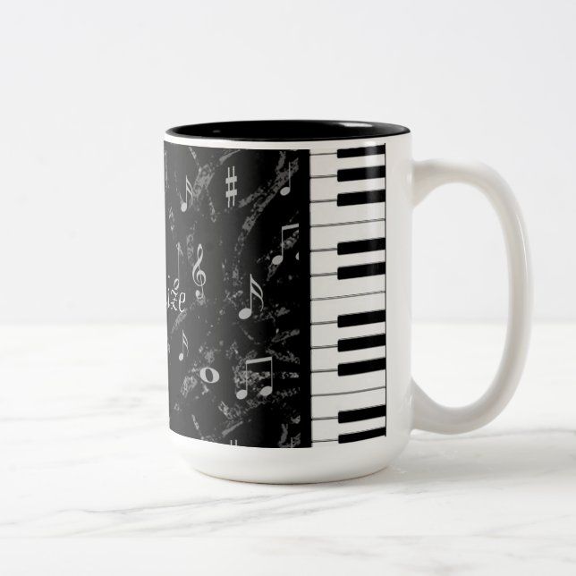 Caneca De Café Em Dois Tons Música preta & branca personalizada do piano (Direita)