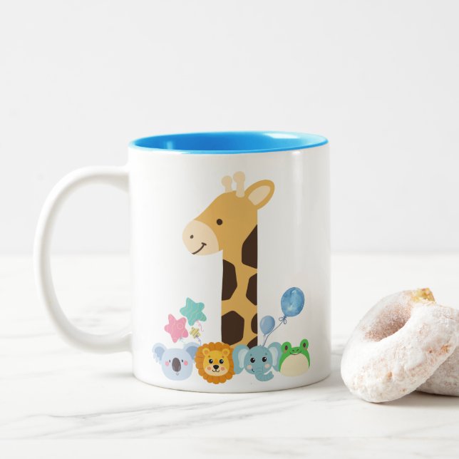 Caneca De Café Em Dois Tons My First Birthday. Giraffe and Happy Animals Desig (Com Donut)