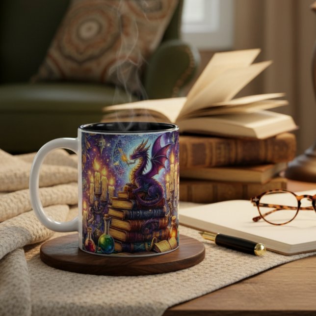 Caneca De Café Em Dois Tons Mystical Dragon Wizard Books (Criador carregado)
