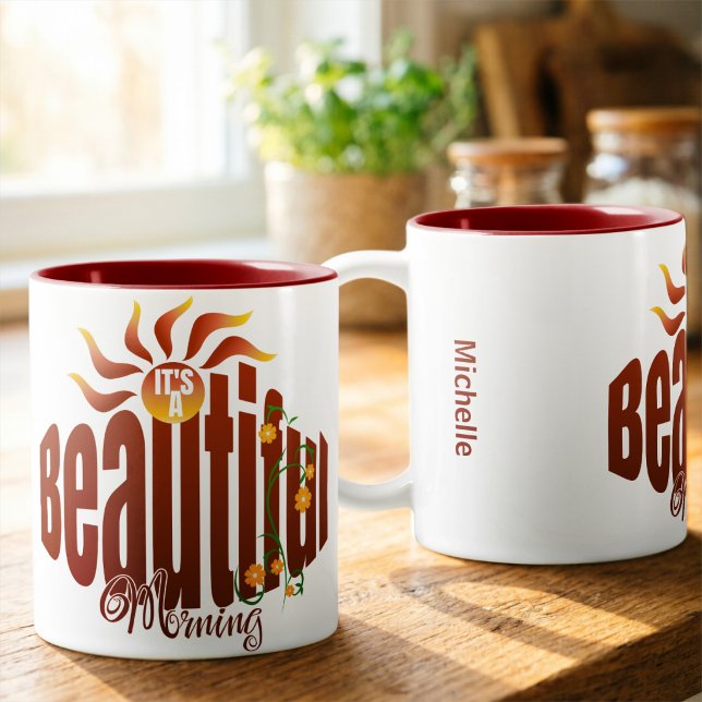 Caneca De Café Em Dois Tons Nascer do Sol Vermelho Tijolo (Coffee tastes better in a cute hand drawn mug. Customize it with your name.)