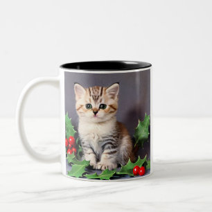 Caneca De Café Em Dois Tons Natais vintages Kitten e Holly