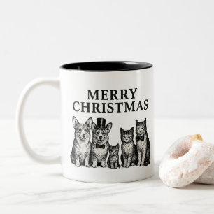 Caneca De Café Em Dois Tons Natal Antigo Charmoso Casal Corgi Três Gatos
