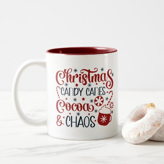 Caneca De Café Em Dois Tons Natal, Bengalas de Açúcar, Cacau & Caos (Com Donut)