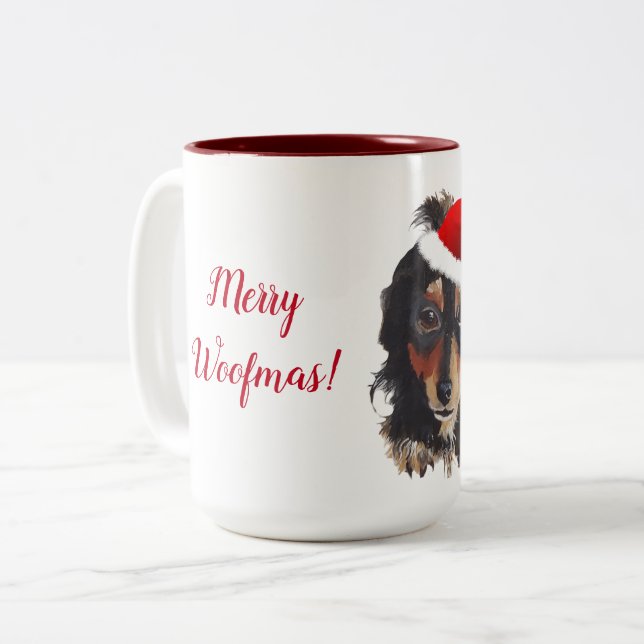 Caneca De Café Em Dois Tons Natal Black Tan Long Haired Doxie Santa Hat (Frente Esquerda)