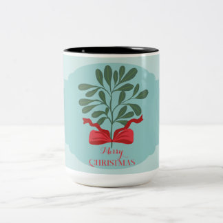 Caneca De Café Em Dois Tons Natal com folhas desenhadas à mão minimalistas e l