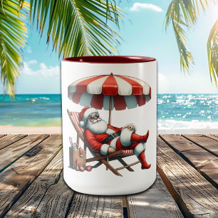 Caneca De Café Em Dois Tons Natal com Papai Noel sob um Guarda-Chuva de Praia