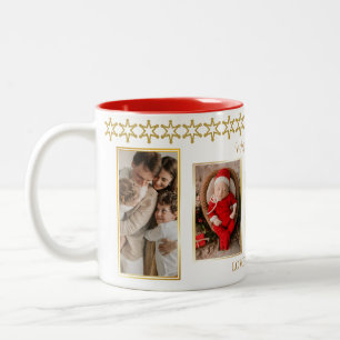 Caneca De Café Em Dois Tons Natal da Colagem de Fotos Dourada e Branca Elegant