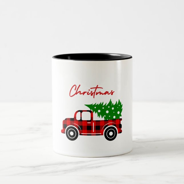Caneca De Café Em Dois Tons Natal de caminhão, zombaria Vermelho Negro Verde (Centro)