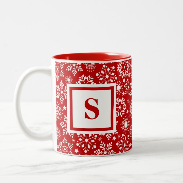 Caneca De Café Em Dois Tons Natal dos Flocos de Neve Vermelhos Monogramados Pe (Esquerda)