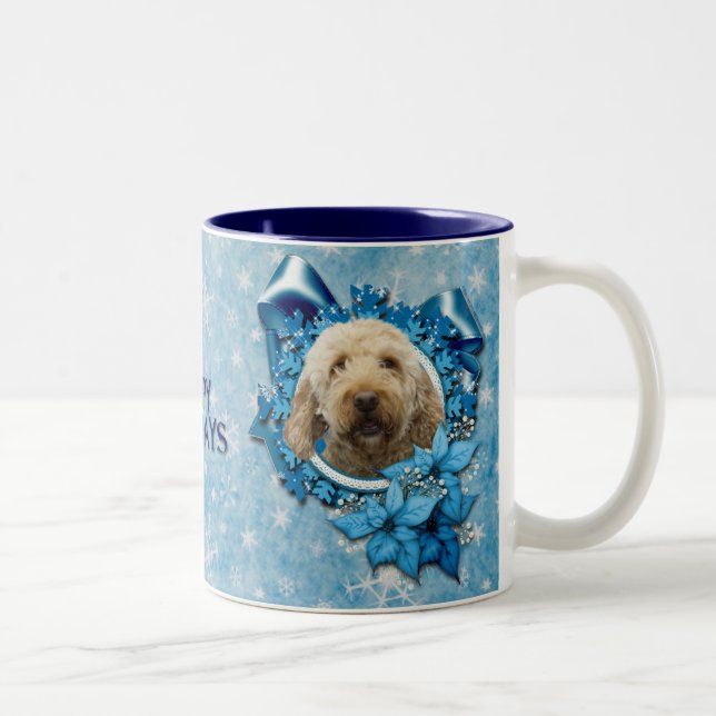 Caneca De Café Em Dois Tons Natal - floco de neve azul - Goldendoodle (Direita)