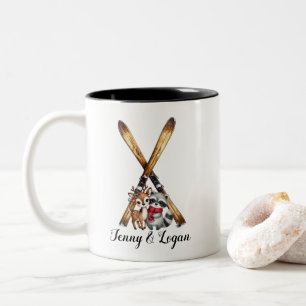 Caneca De Café Em Dois Tons Natal Winter Vintage Skis Raccoon Dear Fawn