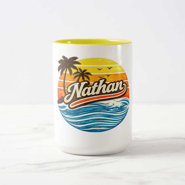 Caneca De Café Em Dois Tons Nathan Retro Sunset Name Design (Centro)