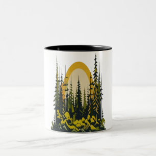 Caneca De Café Em Dois Tons Natureza Minimalista Árvores de Paisagem Montanha 