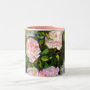 Caneca De Café Em Dois Tons Natureza Morta com Rosas Cor-de-Rosa de Van Gogh