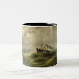 Caneca De Café Em Dois Tons Navio a vapor numa tempestade no mar do Norte