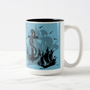 Caneca De Café Em Dois Tons Navio Pirata e Ancorante Silhueta Preta Mug 2