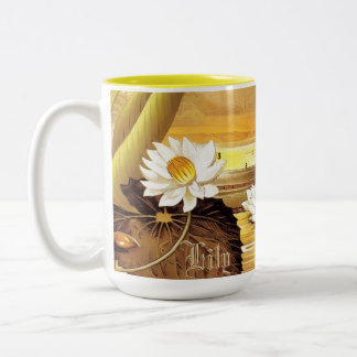 Caneca De Café Em Dois Tons Ninfeia Lótus Lírio de Água Branco Vintage Persona