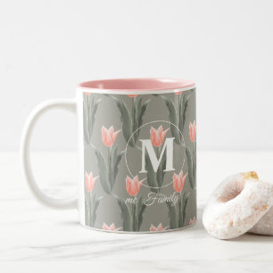 Caneca De Café Em Dois Tons Nome da Família Elegante Monograma Tulipas de Pêss
