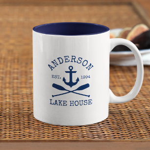 Caneca De Café Em Dois Tons Nome da família náutica Lago House Azul Âncora