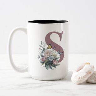 Caneca De Café Em Dois Tons Nome da Flor do Monograma Personalizado