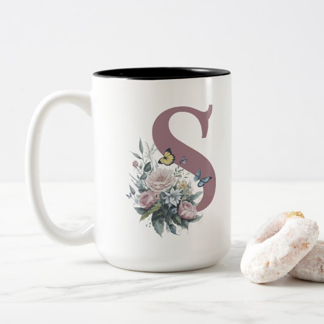 Caneca De Café Em Dois Tons Nome da Flor do Monograma Personalizado (Com Donut)