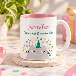 Caneca De Café Em Dois Tons Nome da Garota de Aniversário Meowgical
