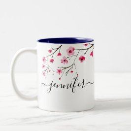 Caneca De Café Em Dois Tons Nome da letra Watercolor Cherry Blossom