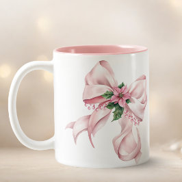 Caneca De Café Em Dois Tons Nome de Natal da Poinsettia com Laço Rosa Moderno