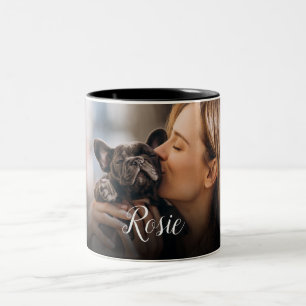 Caneca De Café Em Dois Tons Nome de Script de Foto de Animal de Estimação Simp