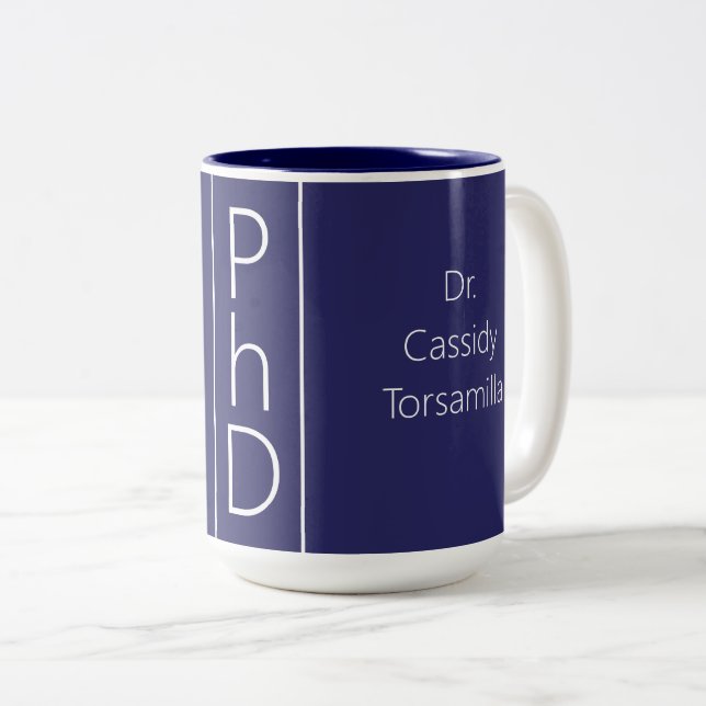 Caneca De Café Em Dois Tons Nome do formando PhD Azul (Frente Esquerda)