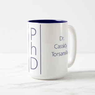 Caneca De Café Em Dois Tons Nome do formando PhD Azul Branco