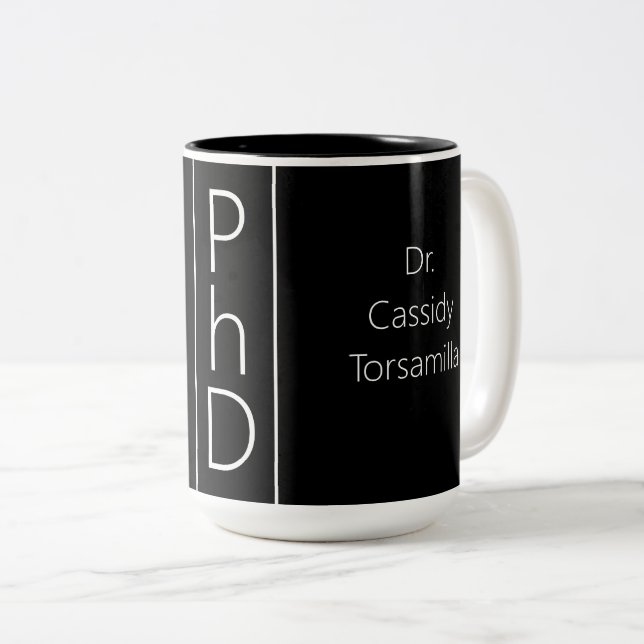 Caneca De Café Em Dois Tons Nome do formando PhD Branco Preto (Frente Esquerda)