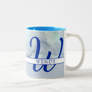 Caneca De Café Em Dois Tons Nome do Monograma Blue Watercolor