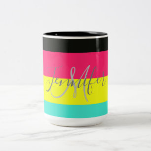 Caneca De Café Em Dois Tons Nome do Monograma da faixa de cores preta e neon
